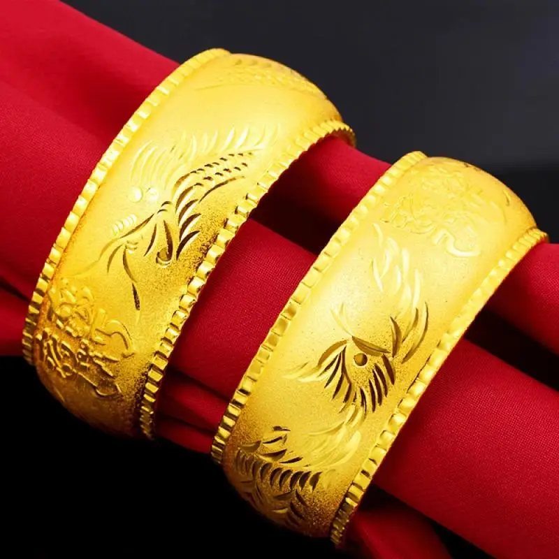 

HOYON 24k Pure Gold Color jewelry women's Dragon and Phoenix Bangles Fine Sand Double Happiness Bracelet Wedding box Gift