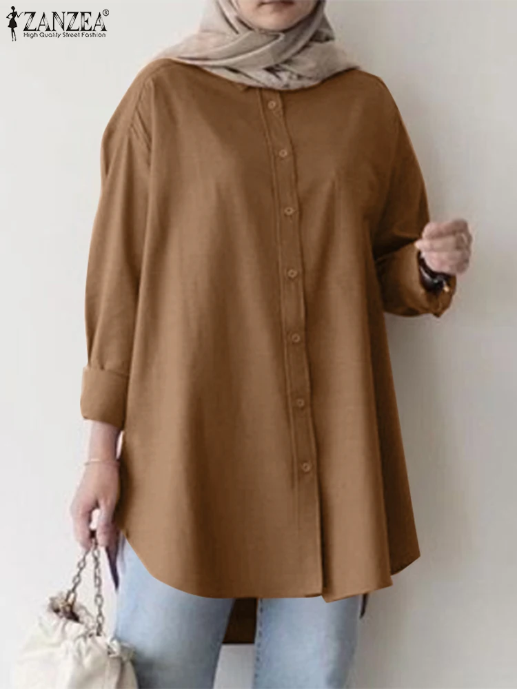 

ZANZEA Fashion Lapel Neck Long Sleeve Blouse Muslim Shirt Vintage Eid Mubarek Ramadan Turkey Tops Solid Loose Abaya Hijab Blusas