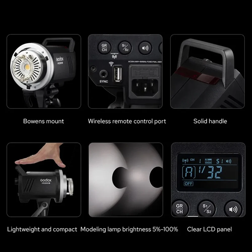 Godox MS300V 300Ws / MS200V 200Ws LED 모델링 램프 스튜디오 플래시 라이트 컴팩트 2.4G 무선 사진 스트로브 보웬스 포토 조명