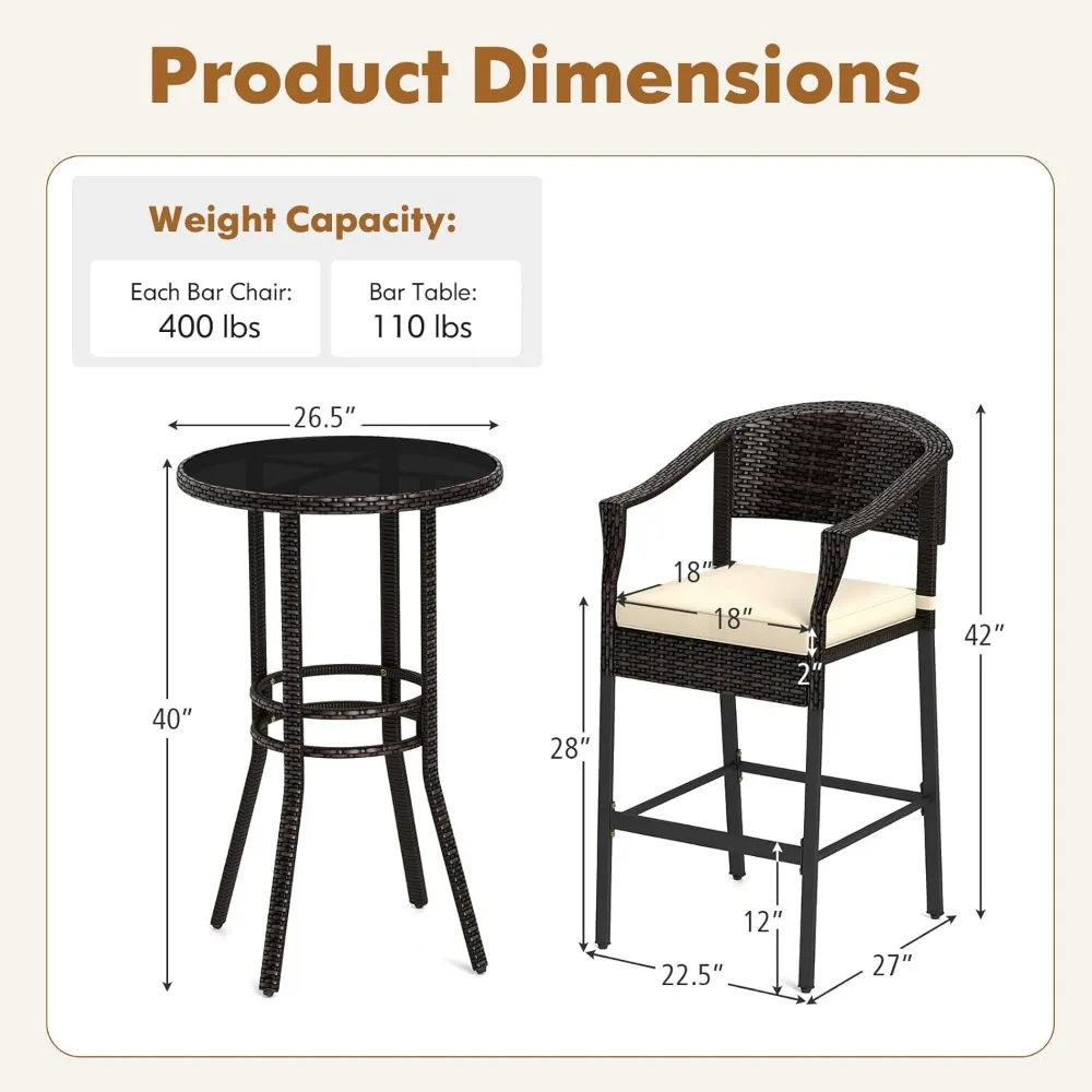 3-Piece Outdoor Bar Set - Patio Wicker Rattan Bar Height Barstools w/Cushions, Footrest, Round Glass Top Table, High Top Bistro 3