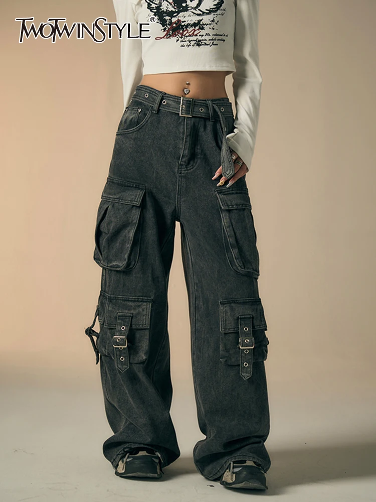 

TWOTWINSTYLE Patchwork Pockets Casual Denim Pants For Women High Waist Spliced Belt Streetwear Loose Cargo Jeans Female Fashion