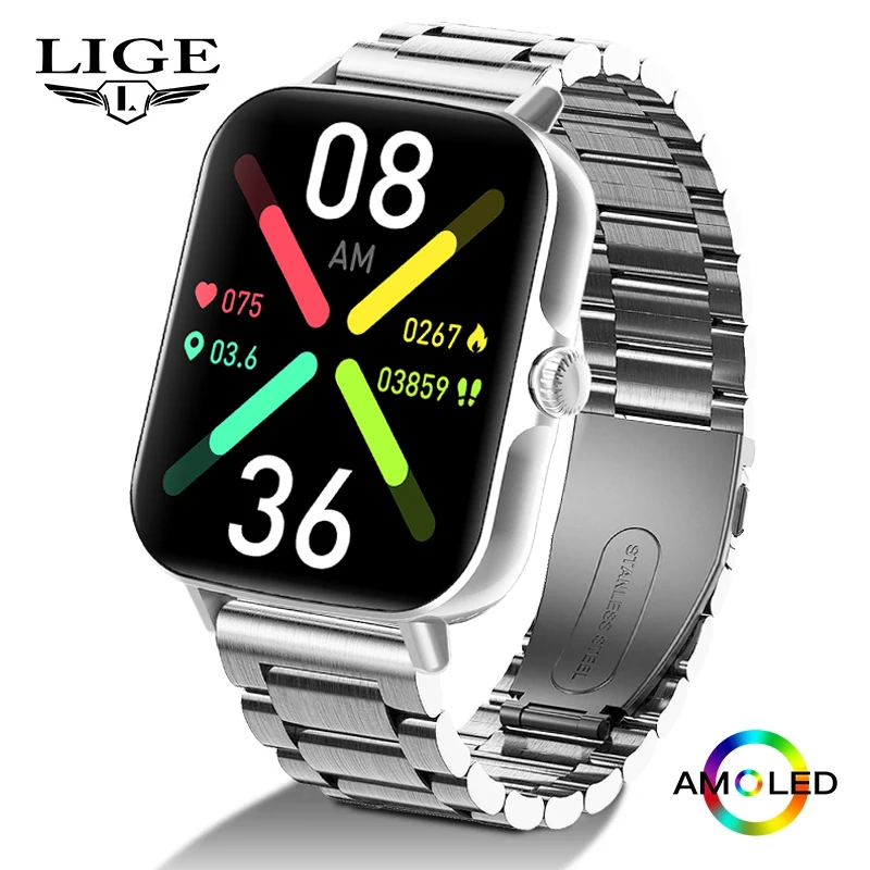 

LIGE AMOLED Smart Watch Men Full Touch Screen Watch Clock IP67 Waterprof Sports Watches Men Bluetooth Call Smartwatch Men Women