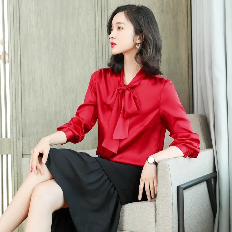 thumbnail image 1 of Nueva camisa de satén de seda real, blusa de seda morera de manga larga para mujer, blusas con cuello de lazo de estilo nuevo para primavera y otoño, 1 of 5