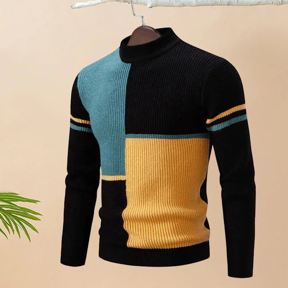 

High Elasticity Sweater Colorblock Knitted Men's Sweater with Half-high Collar Slim Fit Warmth for Fall Winter Men Winter