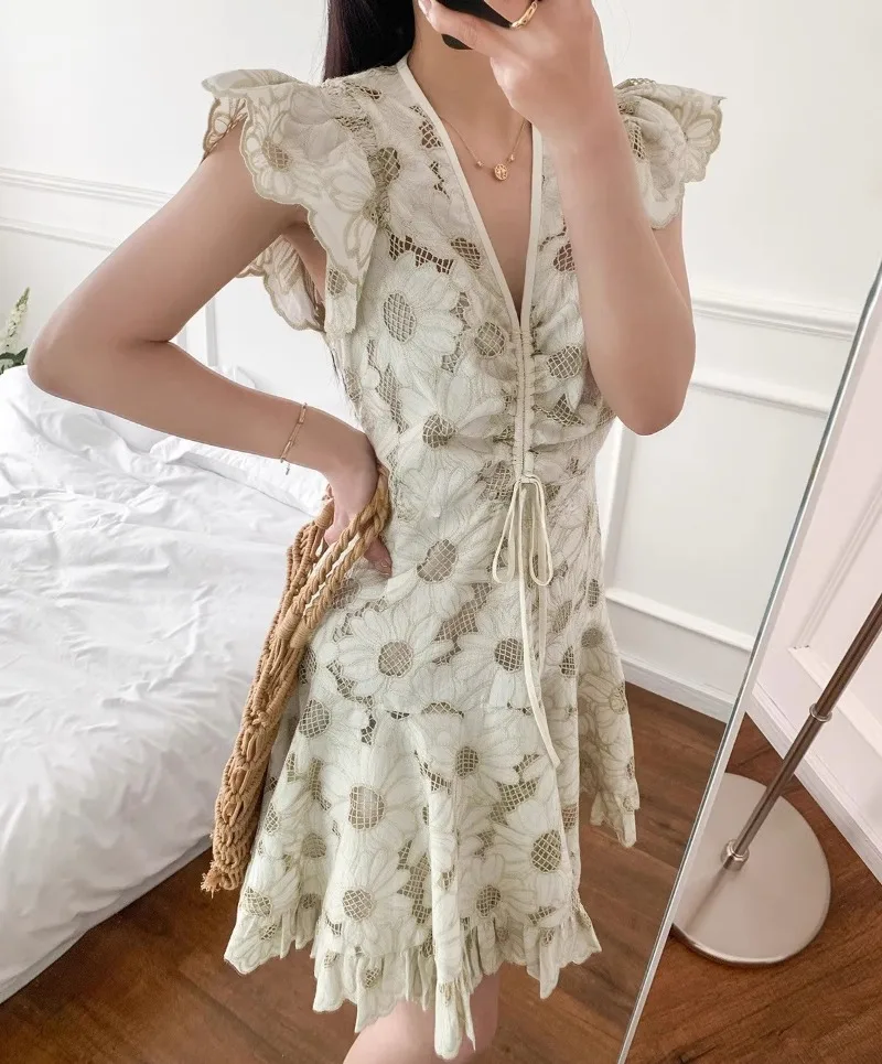 

Женское платье с цветочной вышивкой, модельное платье абрикосового цвета с V-образным вырезом и кулиской, элегантная вечерняя одежда без рукавов