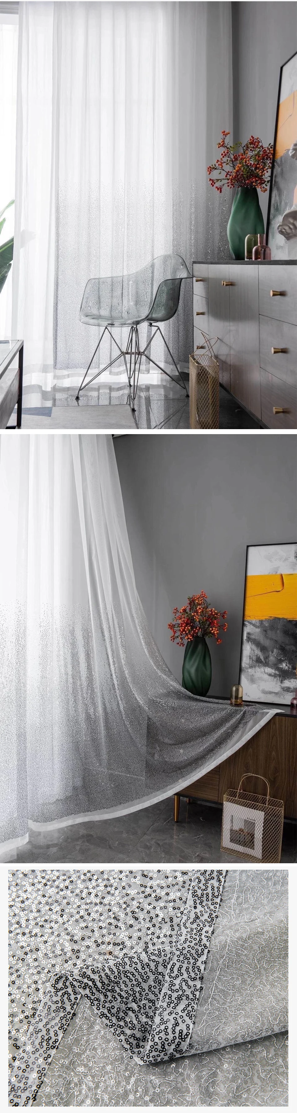 NORNE Paillette Style Gradient Window Shining Sheer Curtains for Living Room Bedroom Voile Lace Tulle Cortinas De Dormitorio