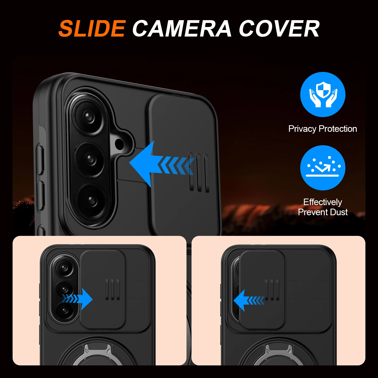 Sliding Camera Cover Armor Case with Metal Ring Stand and Durable TPU Plastic Coque