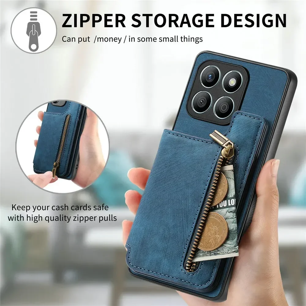 Leather Wallet Case with Zipper Card Pocket and Magnetic Armor Back Shell