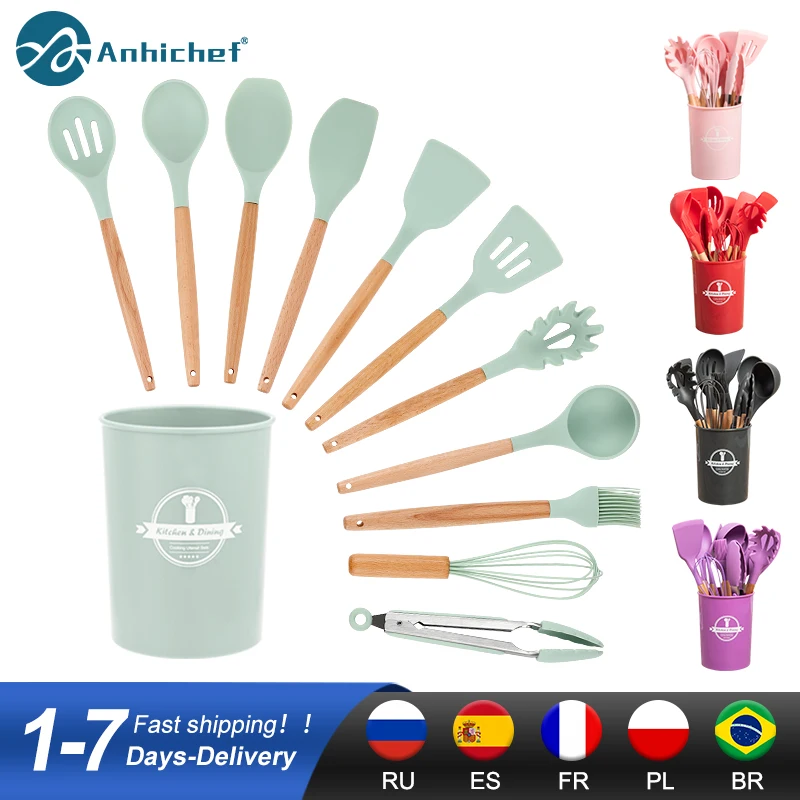 Silicone Kitchen Utensils Set Non-Stick Cookware Wooden Handle Spatula Egg Beaters Kitchenware Accessories
