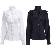 ouji Women's Victorian Gothic Blouse Ruffled High Collar Long Sleeve Renaissance Style Top Lolita Cosplay Costume Party Wear