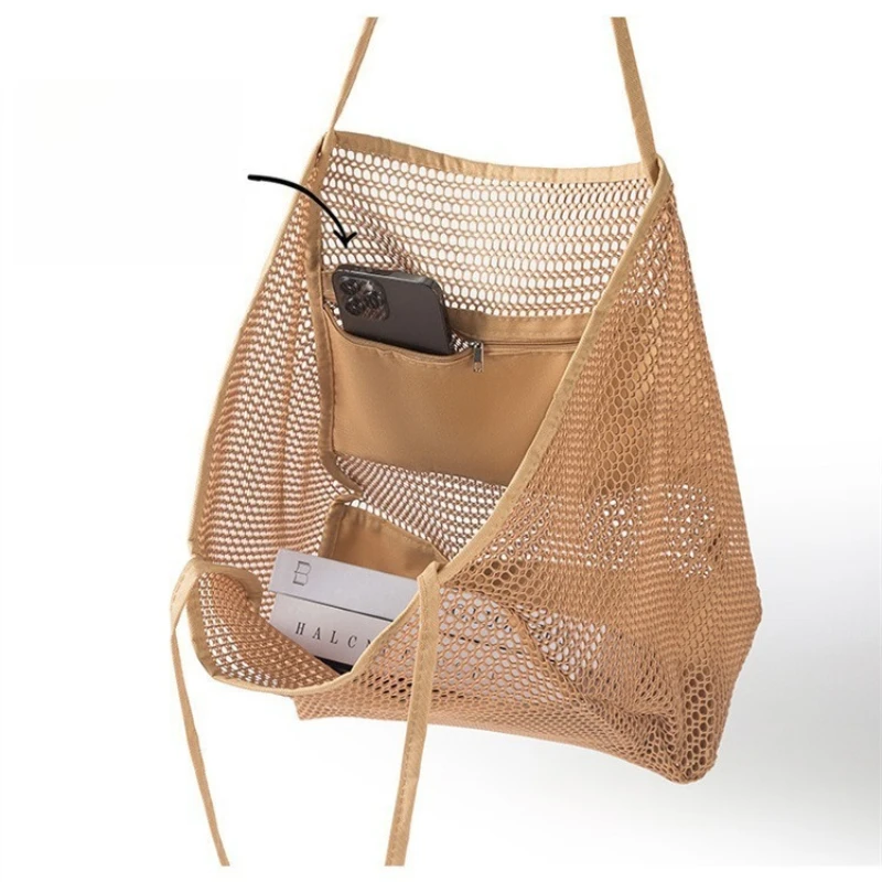 Large Mesh Beach Bag Foldable Travel Tote with Zipper Lightweight Shoulder Beach Bag for Swimming Vacation Summer Outdoor