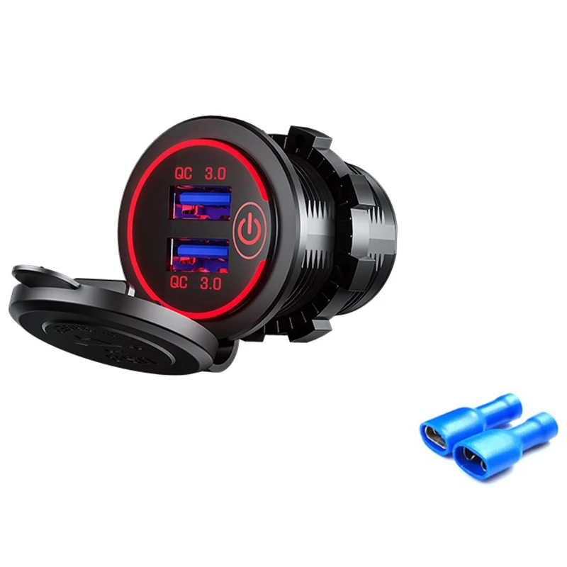 High-Speed USB Car Charger with Touch Switch & LED Light, Waterproof 12V/24V Power Outlet