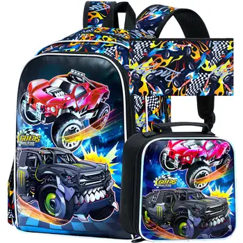 3Pcs Monster Truck Backpack, 16" Boys Bookbag with Lunch Box, Kids School Backpacks Set for Elementary Preschool Kindergarten (B 1