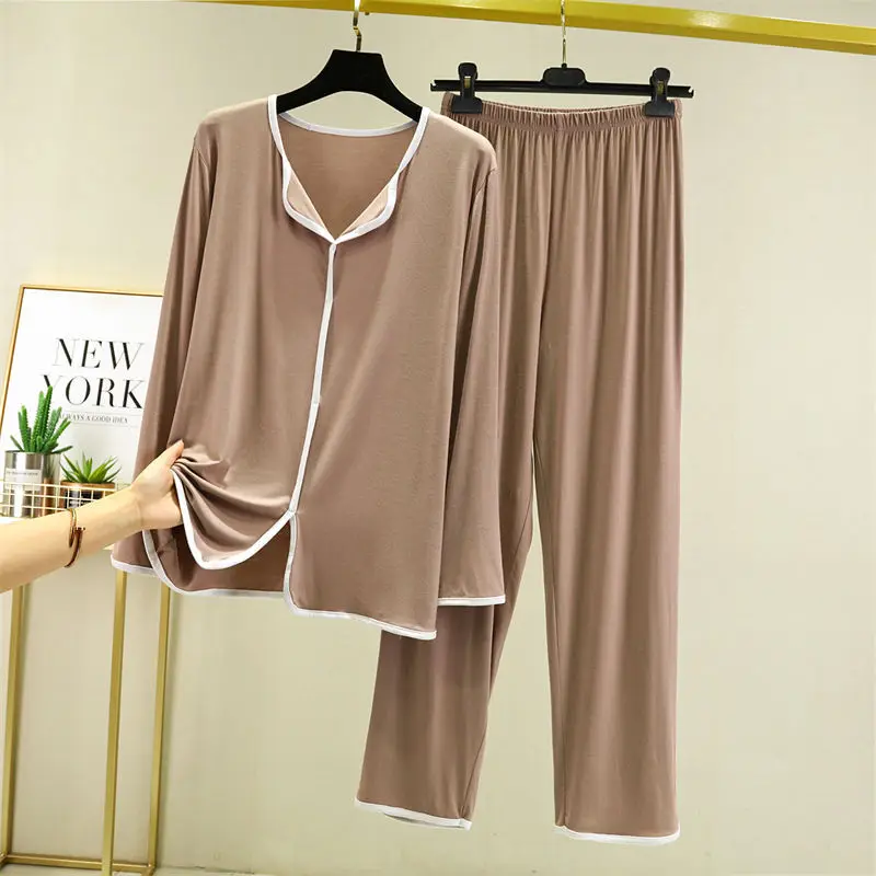Women Modal Sleepwear Spring Autumn Pajamas Set Large Size Loose Thin Section Long-sleeved Homewear Suit Casual Two-piece Set