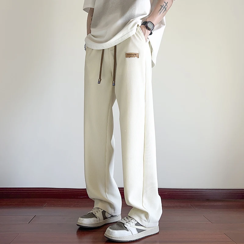 Summer Pleated Pants Men Fashion Casual Ice Silk Pants Men Streetwear Hip-hop Loose Straight Wide Leg Pants Mens Trousers M-3XL