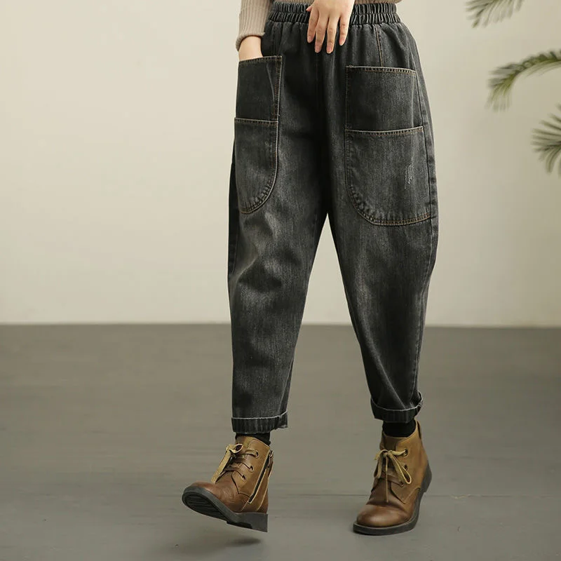 Vintage Baggy Jeans Women Spring Autumn Loose Casual Harem Denim Trousers Lady High Waist Cropped Pants Ankle-Length Bloomers