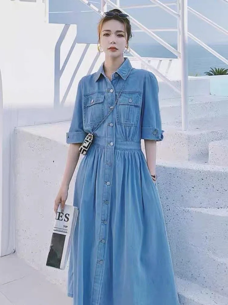 

Denim Dress For Women's High Waisted Slimming Shirt Long Dresses Women's Dress Female Dresses Holiday Dress 2024 Woman Clothing