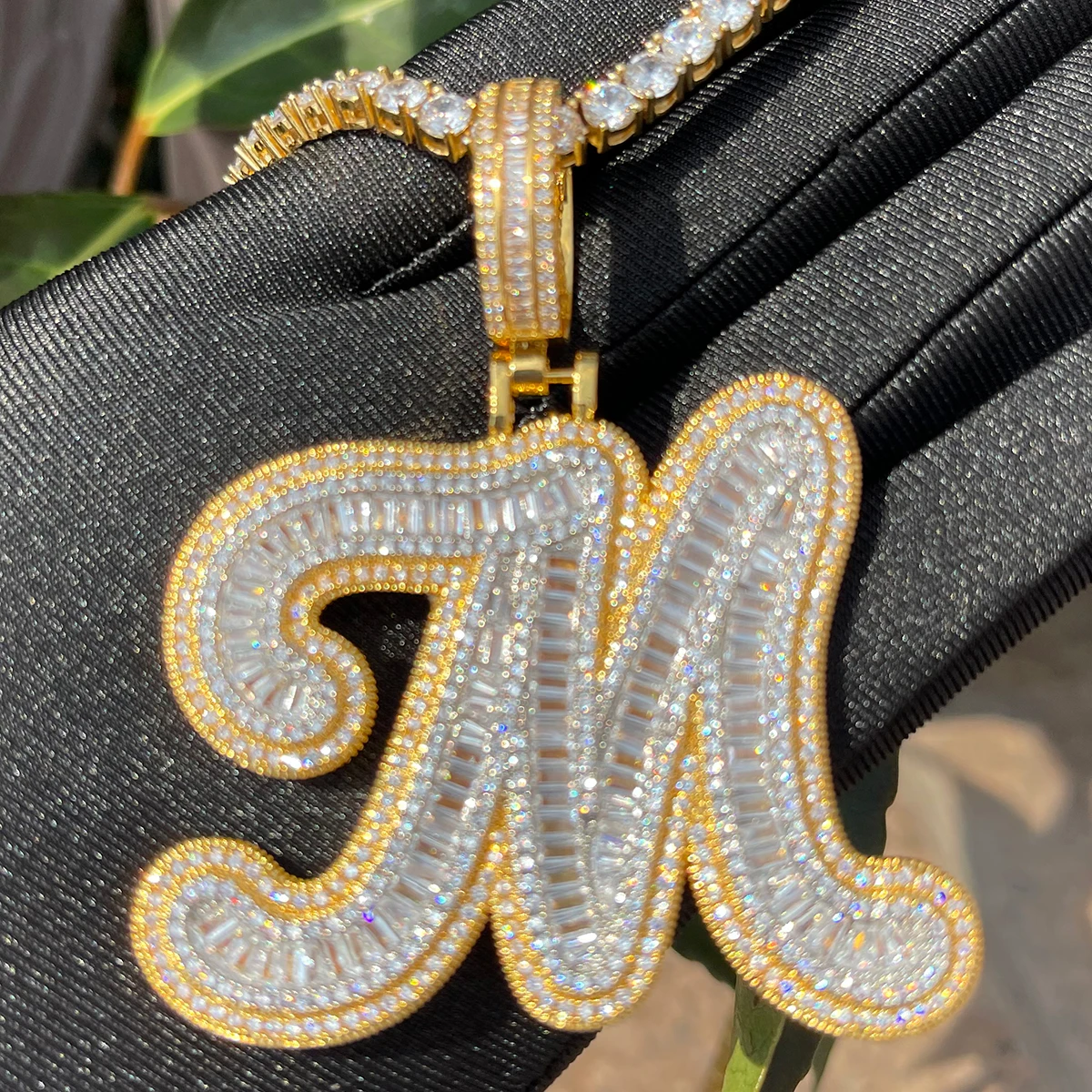 Bubble Letter Cursive Baguette Initial Jewelry Iced Out Prong