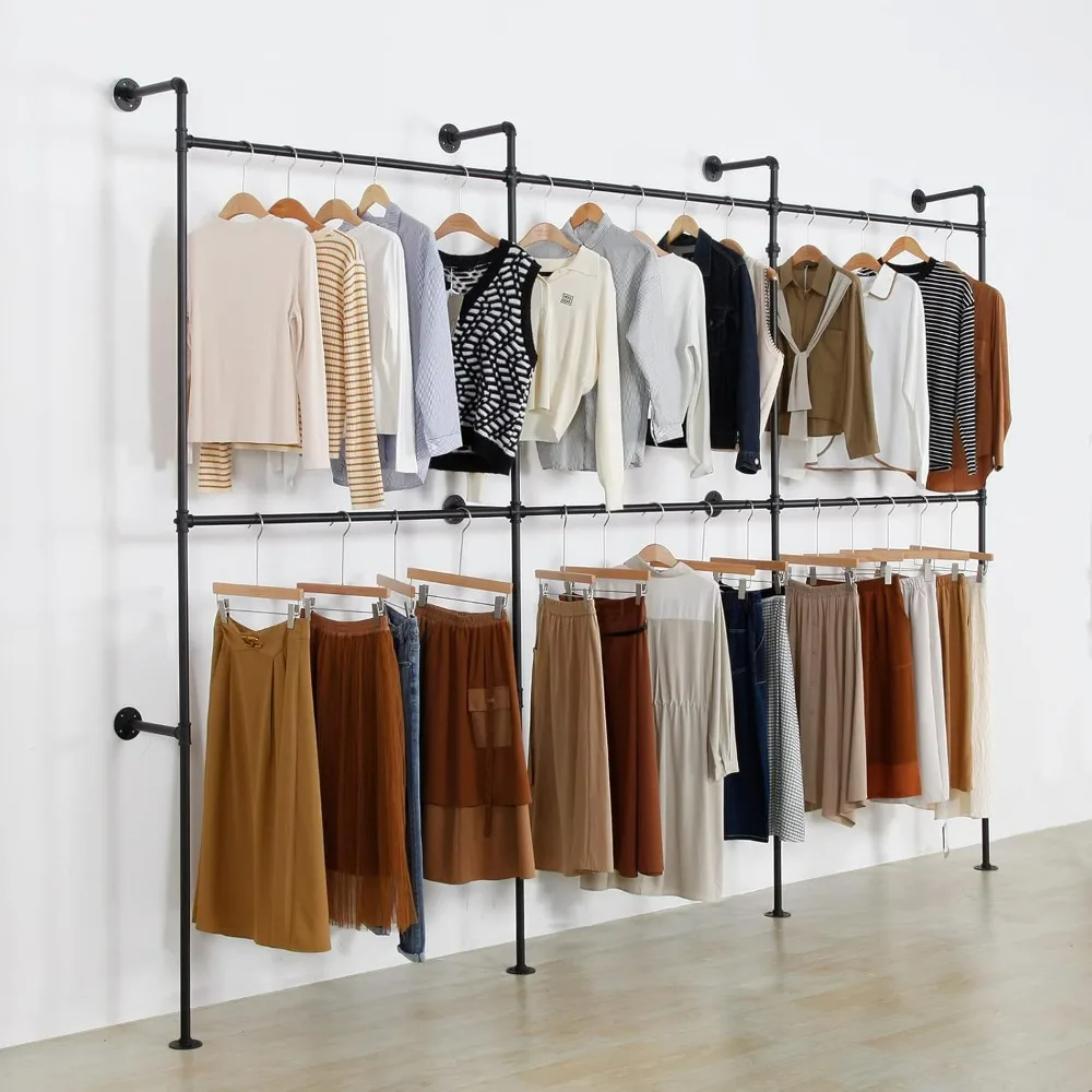 Sturdy Industrial-Style Wall-Mounted Clothing Rack with Heavy-Duty Hanging Rod for Garments and Display