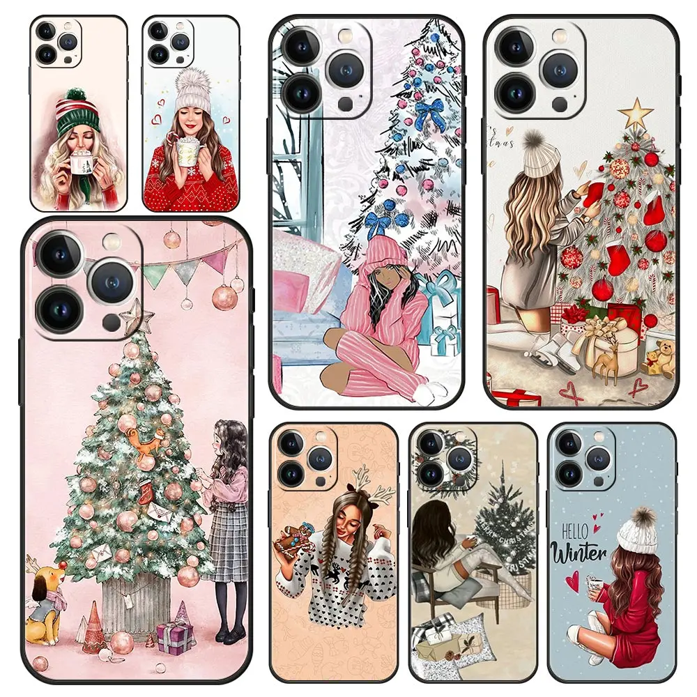 Christmas Art Girls Coffee Luxury Soft Phone Case For iPhone 13 15 14 12 11 Pro MAX XR X SE XS 7 8 Plus Black Protection Cover