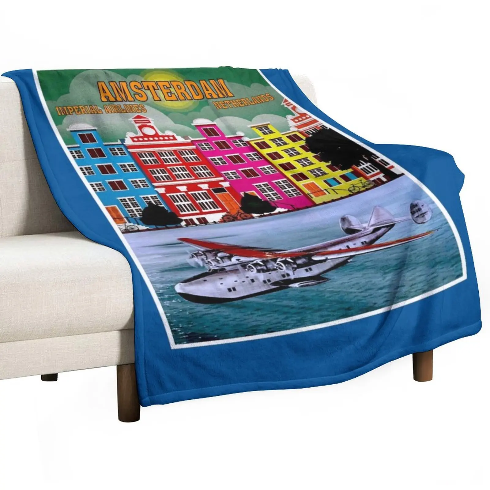 

New IMPERIAL AIRWAYS : Vintage Fly To AMSTERDAM NETHERLANDS Travel Advertising Print Throw Blanket sofa bed wednesday
