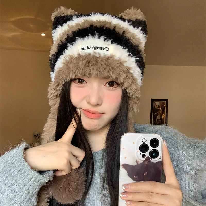 Cat Ear Contrast Stripe Handmade Crochet Plush Beanie Hat Woman Cute Ear Protection Warm Imitation Mink Wool Cap in Winter Hats winter hat,wool hat,knit beanie hat