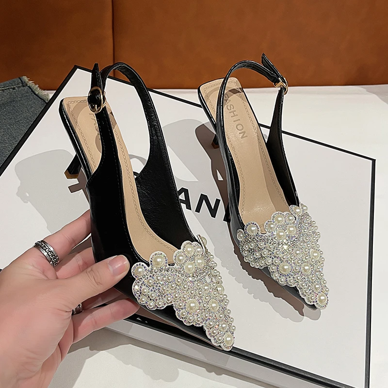 2024 New Summer Womens Pointed Toe High Heels Sandals Sexy Woman Shoes Fashion Pearl Decoration Party Wedding Slingback Woman