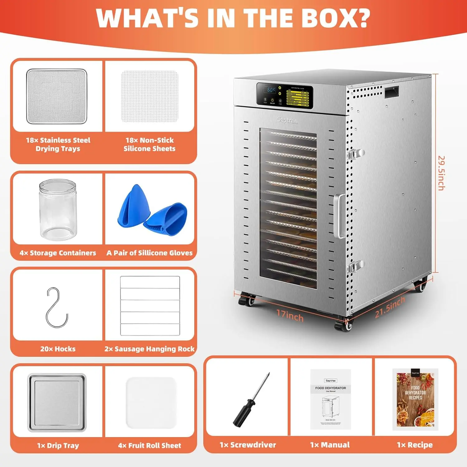Food Dehydrator 18 Trays, 1500W Large Capacity 32.6ft² Food Dryer Machine for Jerky, Meat, Fruit, Herbs, Full Stainle 6