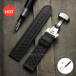 Breathable Leather Watch Strap with Quick Release and Butterfly Buckle - 22mm (Matte Black)