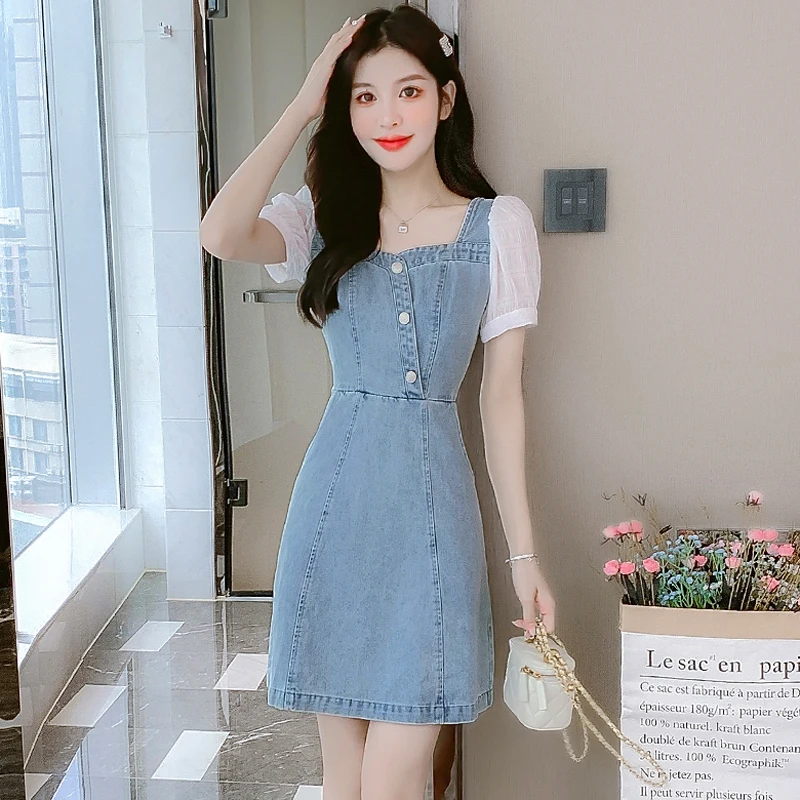 

Summer Denim Dress Woman Square Collar Fashion Slim Bodycon Short Dress 2023 Jeans Dresses Ladies Vintage Washed Vestidos