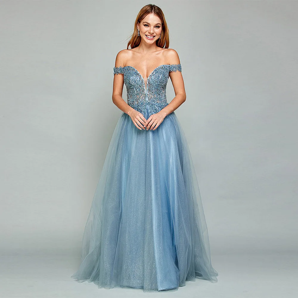 

YQLNNE Pretty Dusty Blue Long Prom Dresses Off Shoulder Beaded Tulle Sequins Back Zipper Formal Women Party Gown