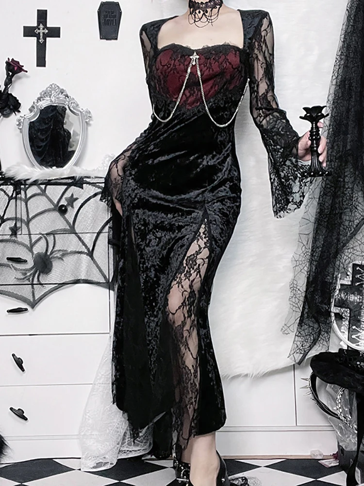 Black Romantic Sexy Gothic Lace Dress Top for Women 