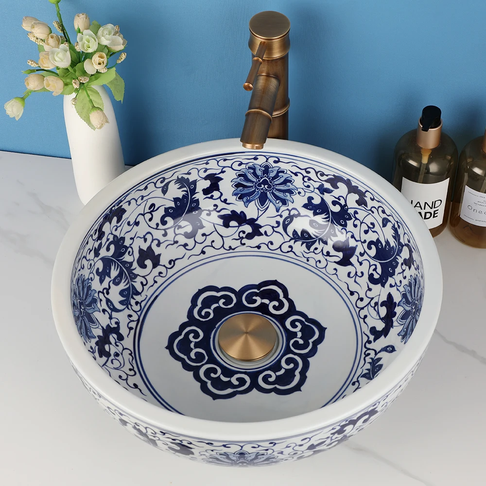 Jindezhen Ceramic Bathroom Vessel Sink Faucet Combo Round Washbasin Sinks for Bathroom Basin Sink Bowl Mixer Tap