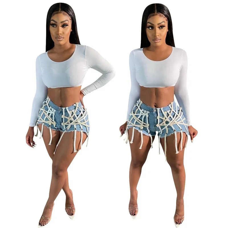 Indie Fashion Denim Shorts Summer Hot Shorts Zipper Hollow Out Bandage String Tassels High Waist Casual Jeans Streetwear 