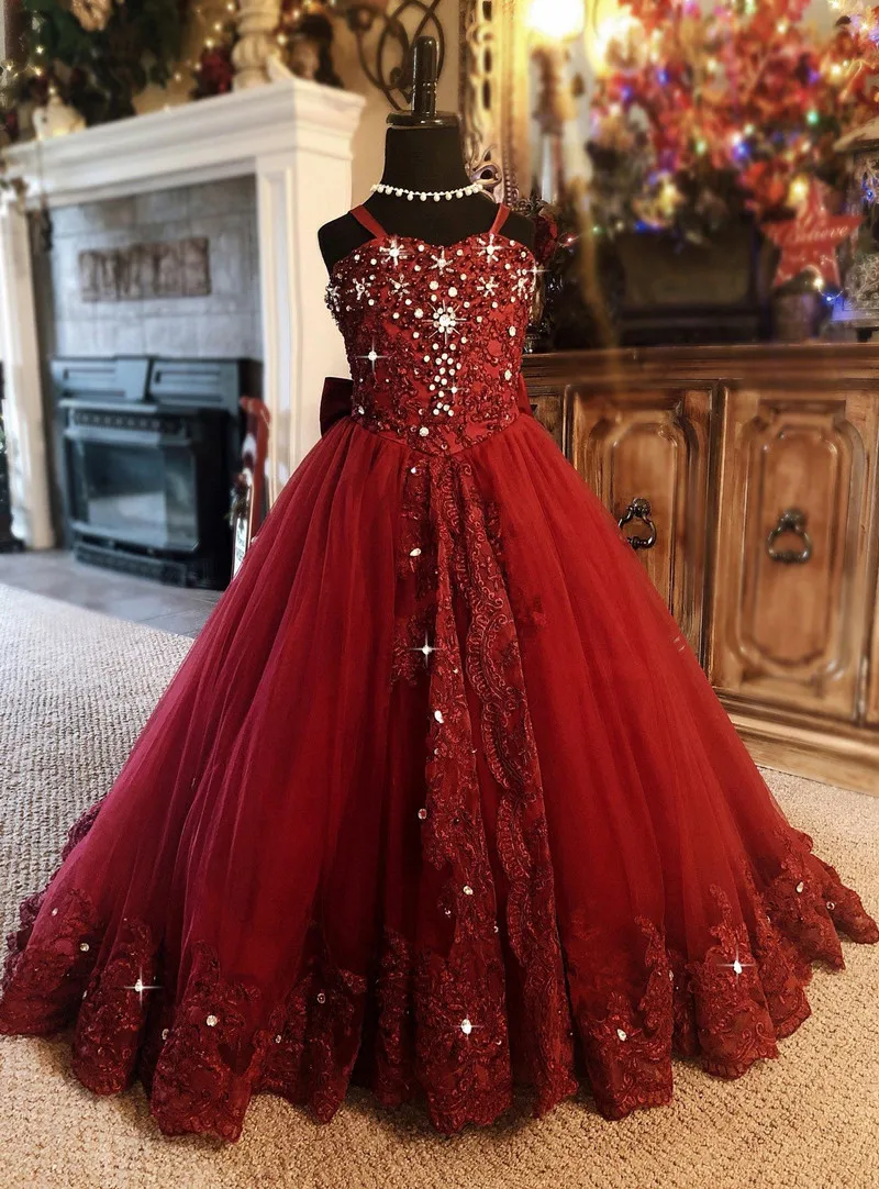 

Red Flower Girl Dress Spaghetti Rhinestone Applique Wedding Party Tulle Ball Sleeveless Floor Length Princess