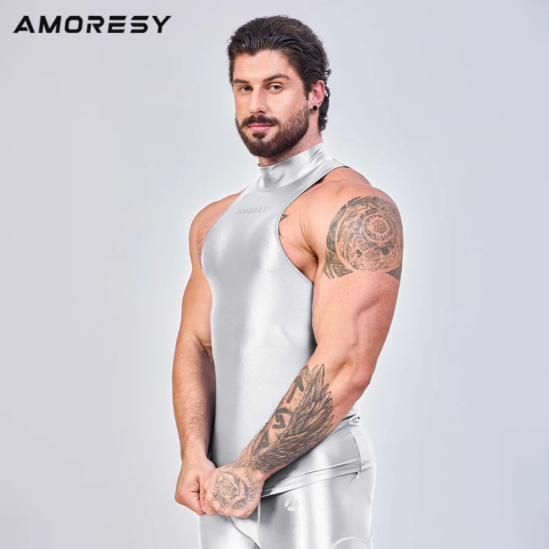 AMORESY sexy gloss yoga workout Training clothes High neck sports vest Shiny breathable Tights smooth swimsuit man