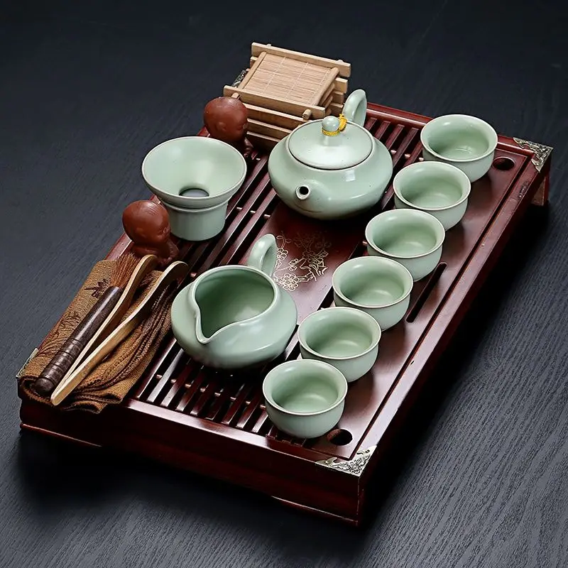 Purple Clay Chinese Tea Cup Sets Porcelain Vintage Simple Solid Wood Small Tea Tray 19 pcs Suit Chinese Ceremony