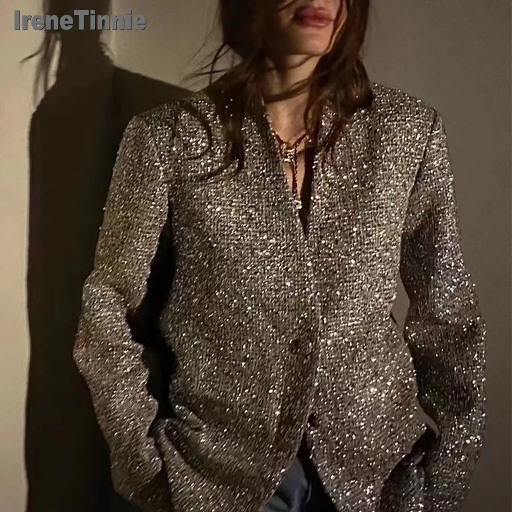 

IRENE TINNIE 2024 Woman Bomber Jacket Silver Spring Autumn Button Cropped Jackets for Women Fashion Long Sleeve Crop Outerwear