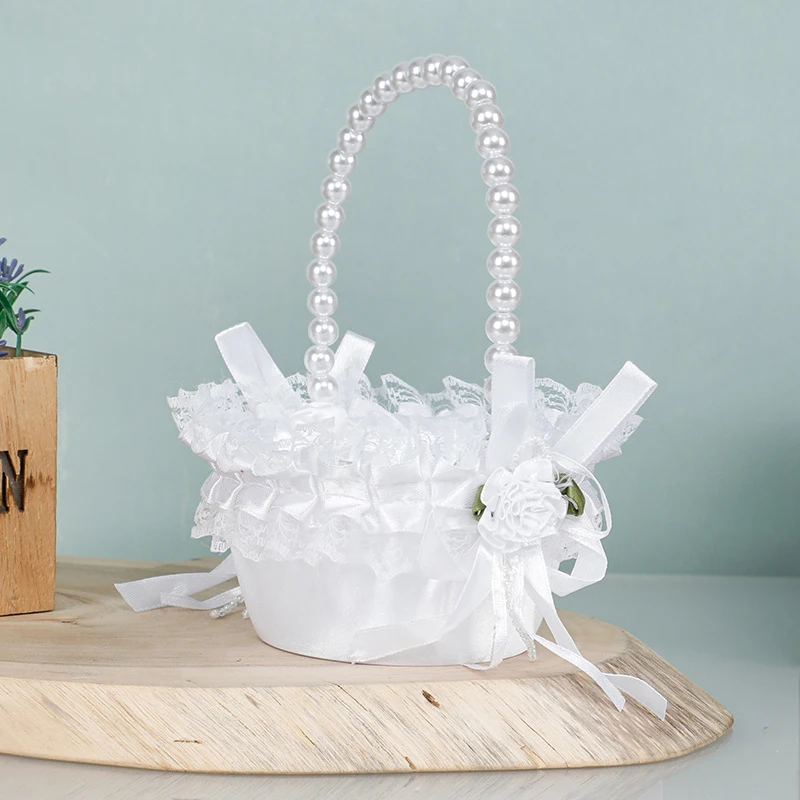 

Свадебная корзина цветочная корзина детская корзина романтическая белая кружевная сатина бант жемчужная корзина цветочная корзина вечеринка свадьба аксессуары