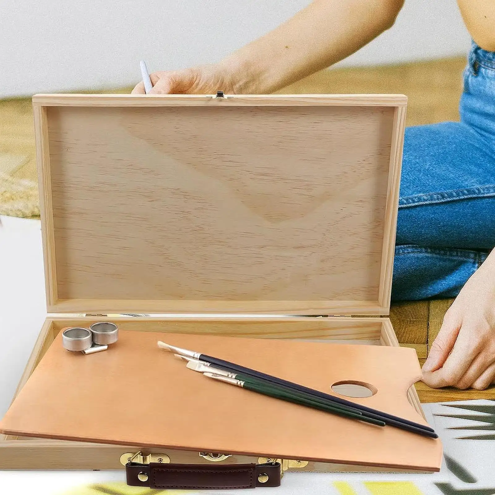 Wood Artist Supplies Box Trendy Art Tool Storage Box Painting Tools Organizer for Pastel Paint Brushes Watercolor Pens Stamps - 4