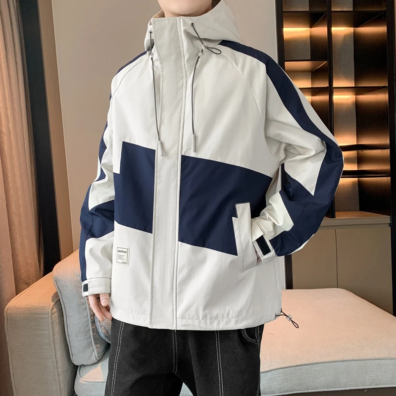 Spring and Autumn Men's fashion patchwork casual Sports Street Photo Hong Kong wind ins hooded long-sleeved jacket