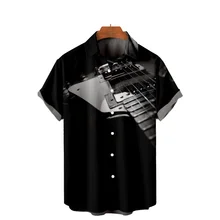 

2022 Men's Short Sleeve Lapel Shirt Plus Size Black Guitar 3D Printed Men's Beach Top with Pockets