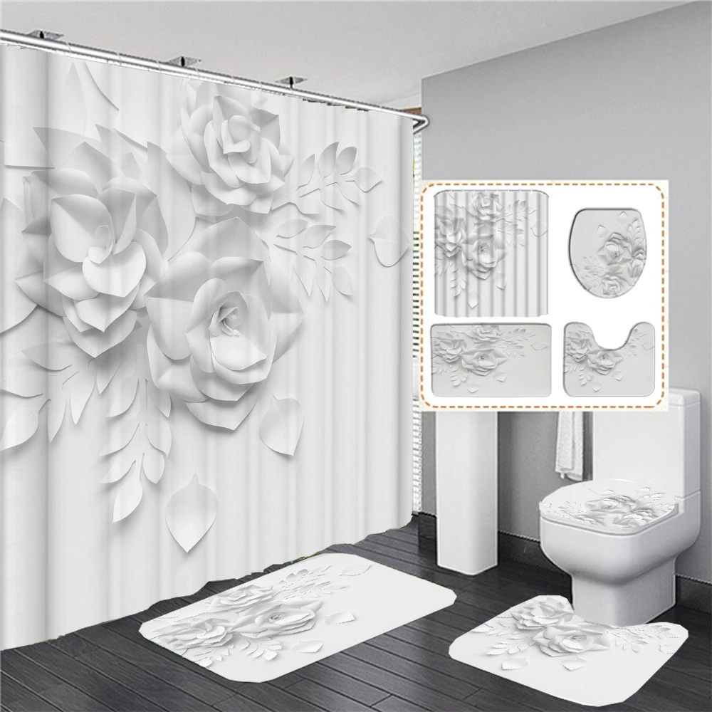 3D Style Shower Curtain Bathroom Curtain with Bath Rug Carpet Set Floral Home Decor Elegant Bouquet of Flowers