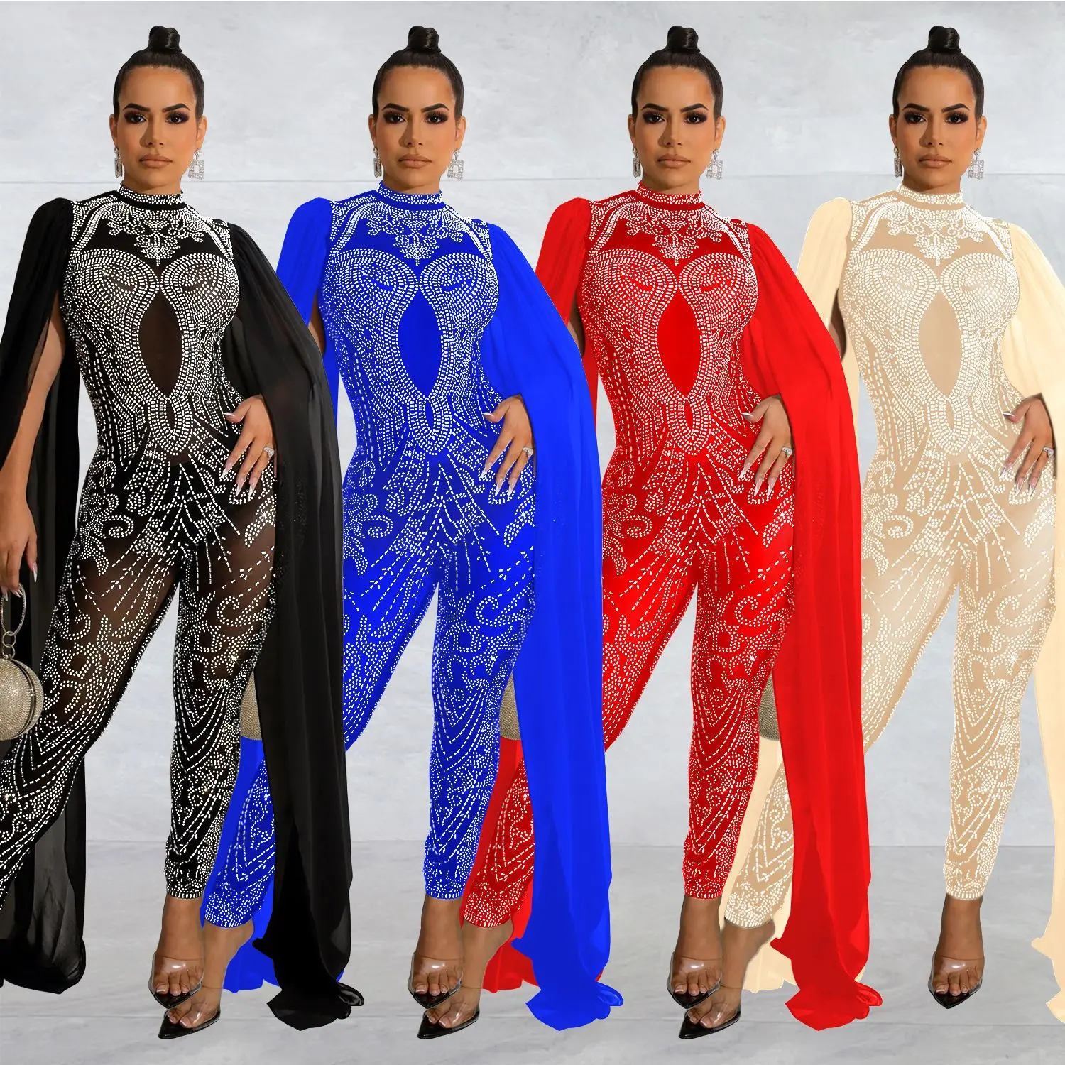 

Women Jumpsuit Shiny Rhinestone Hollow Solid Color Tight Waist See-through Mesh Jumpsuit Multi Straps Sleeveless Shawl Jumpsuit