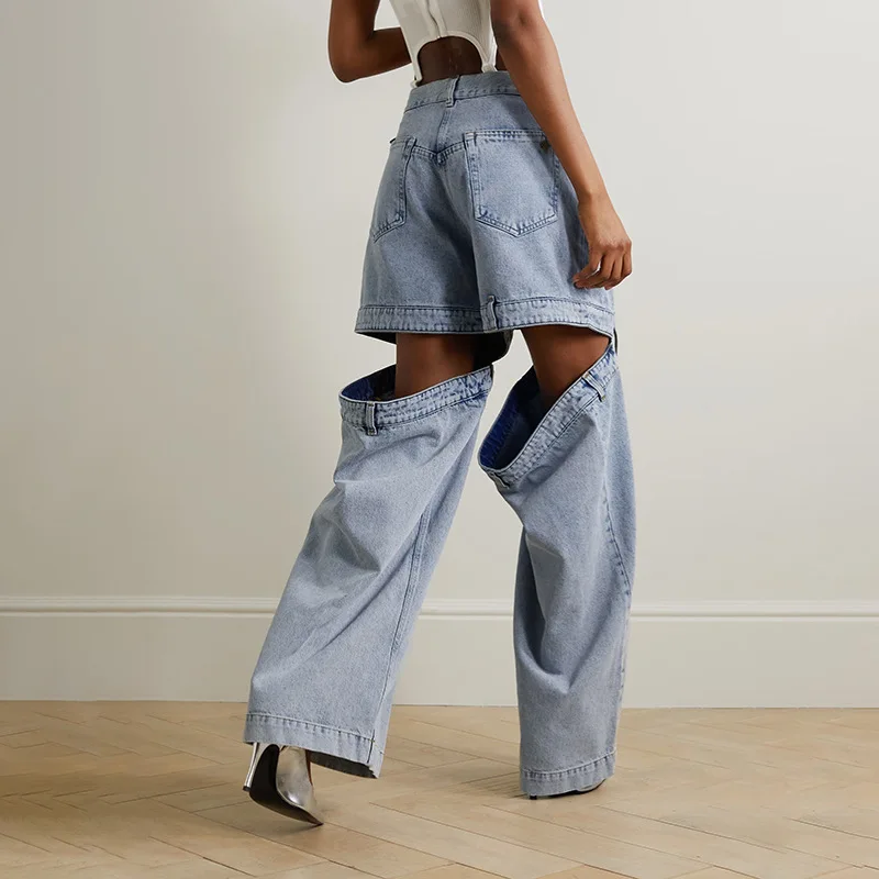 Retro Fashion Street Style 2024 Summer Cut Cut Cutout Careful Machine Design Denim Loose Wide-leg Pants for Women Slight Strech
