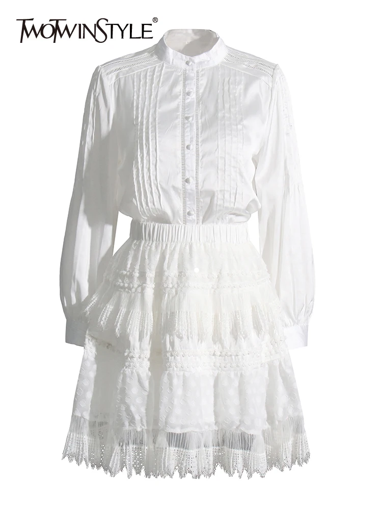 

TWOTWINSTYLE Solid Sweet Two Piece Set For Women Stand Collar Long Sleeve Top High Waist Spliced Lace Skirt Chic Sets Female New
