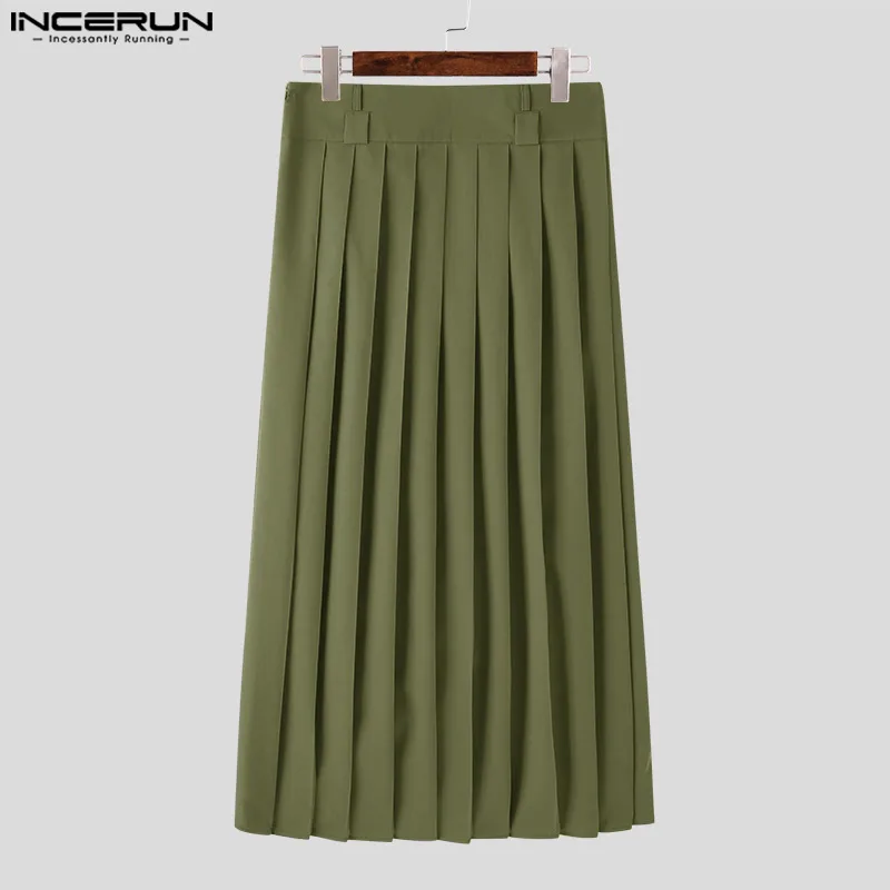 INCERUN Men Casual Skirts Solid Color Pleated Zipper Streetwear Loose Trousers Personality Leisure Fashion Men Skirts S-5XL