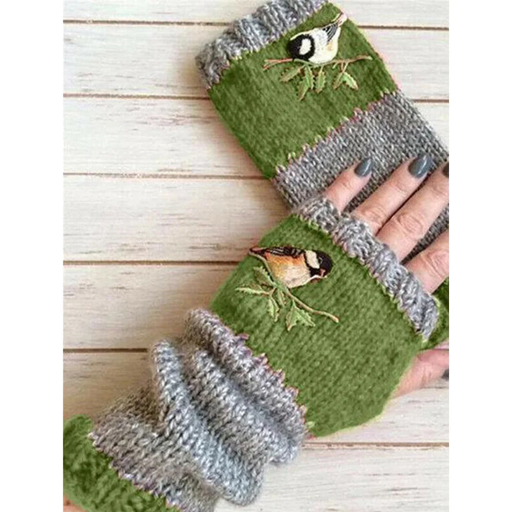 Warm Stitching Embroidered Gloves Cozy Wool Thick Fingerless Winter Gloves Tendonitis Lining Cold Weather Gifts