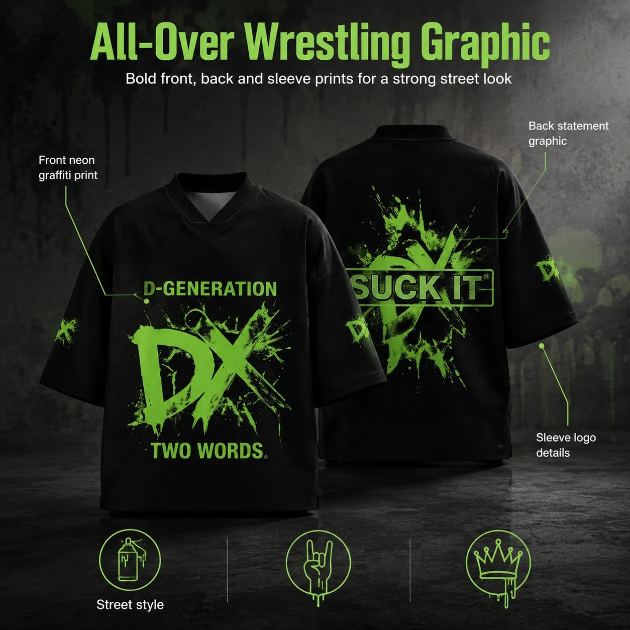 Unisex Schwarzes DX Wrestling Trikot mit Neon-Grünem Splash-Graffiti, D-Generation, V-Ausschnitt, Oversized Kurzarm-Streetwear-T-Shirt