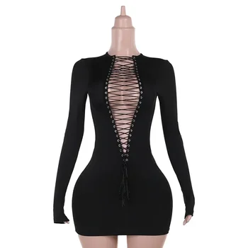 Sexy Hollow Out Drawstring Bandage Womens Black Goth Dress 2026 Spring Fashion Long Sleeve Party Club Dresses Mini Bodycon Robe 1